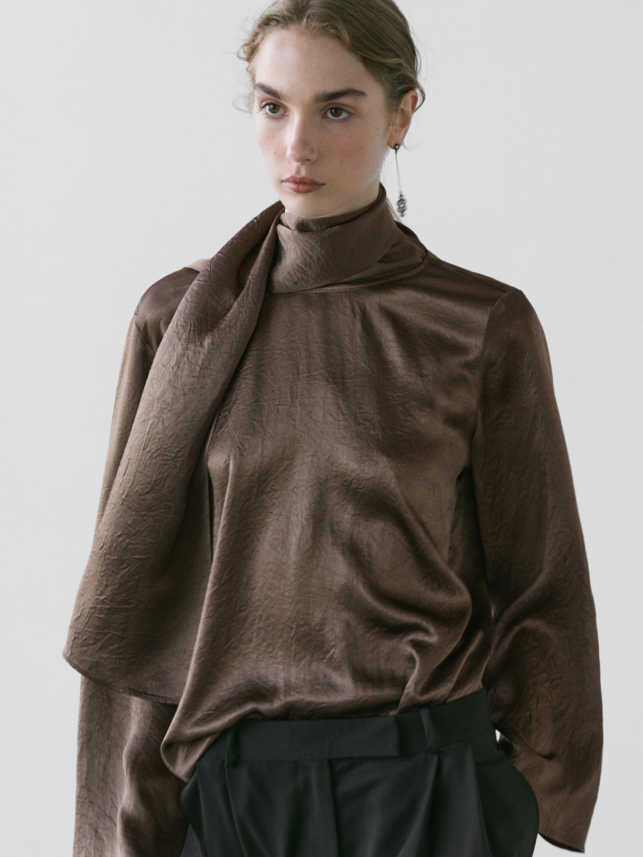 Flowing satin blouse with tie detail